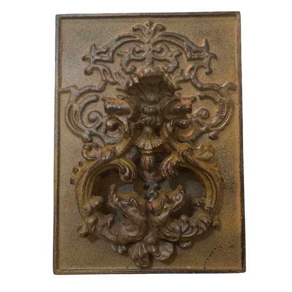 Vtg Cast Iron Door Knocker Dragon Griffin Rectangular Ornate Figural - Picture 1 of 7